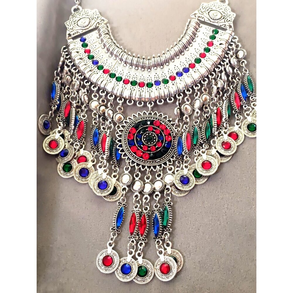 Bohemian Silver Statement Necklace With Multicolor Gem Accents & Dangle Coins